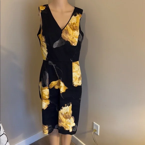 White House Black Market Elegant Black Yellow Floral Dress w/matching cardigan - Picture 1 of 4